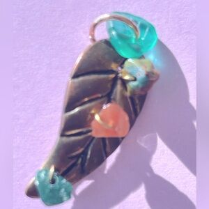 Necklace Artisan Leaf w semiprecious Green Onyx, Pink Quartz, Agate, leaf 18”